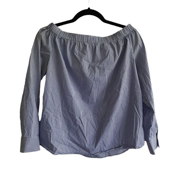 ZARA Blue White Striped Cotton Blend Off Shoulder Long Sleeve Blouse Top Shirt S - Picture 2 of 5